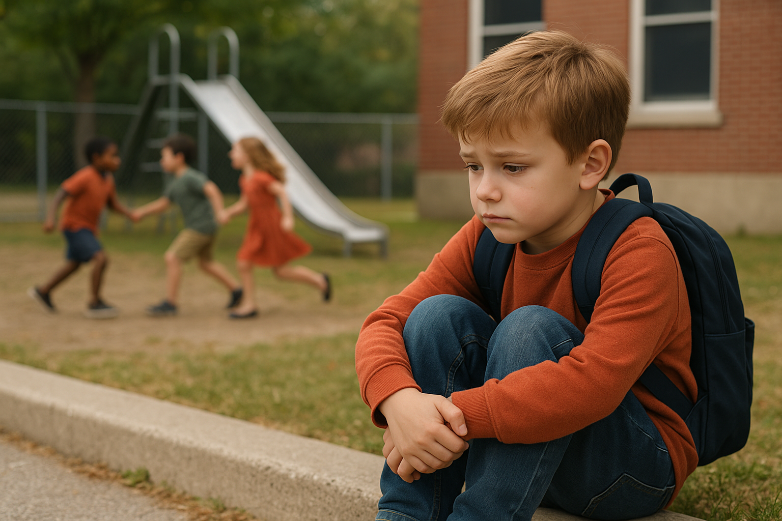 A young child sitting alone on a school bench, looking down quietly while other children play in the background — illustrating feelings of exclusion and loneliness in social situations.